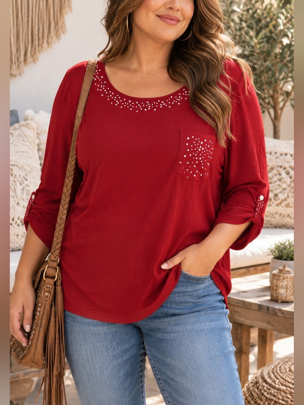 Karen Scott Red Long-Sleeve Top with Rhinestone Accents size 3x